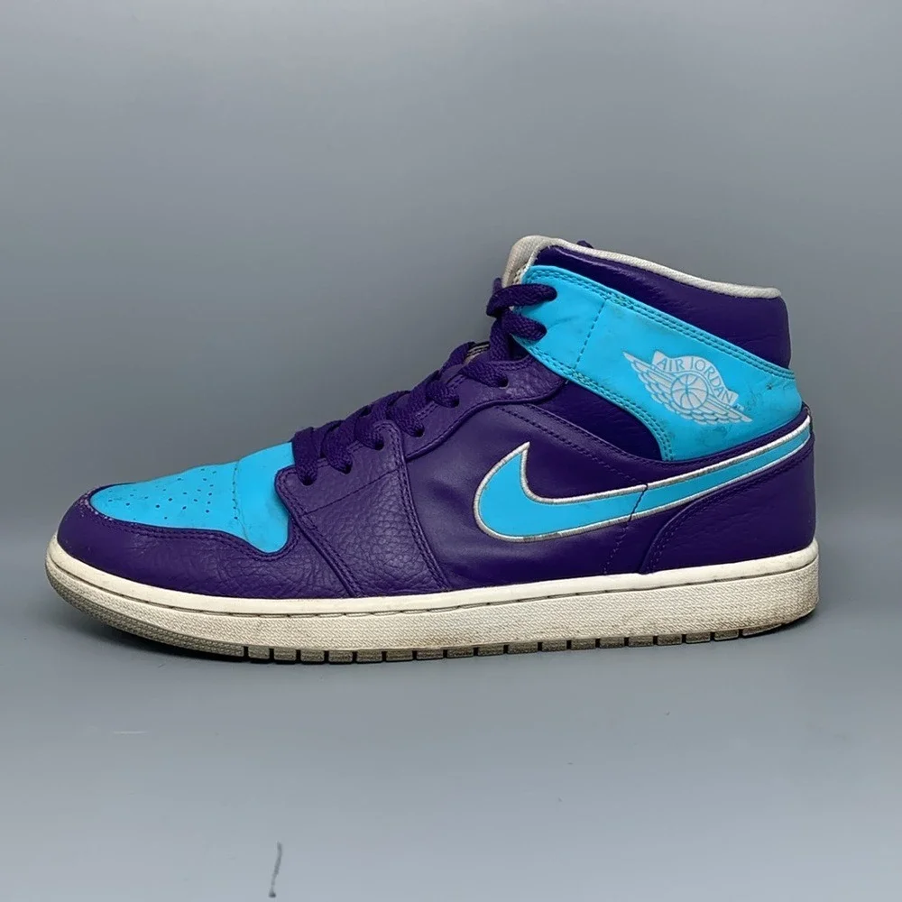 Jordan 1 Mid Hornets Purple Blue Basketball Shoes 554724-507 Men's Sz 11.5‎